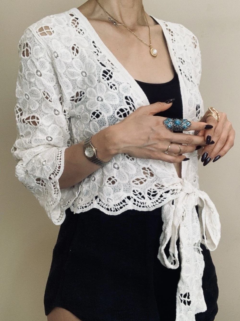House of Harlow 1960 Boho Floral Crochet Tie Front Kimono Cardigan One Size